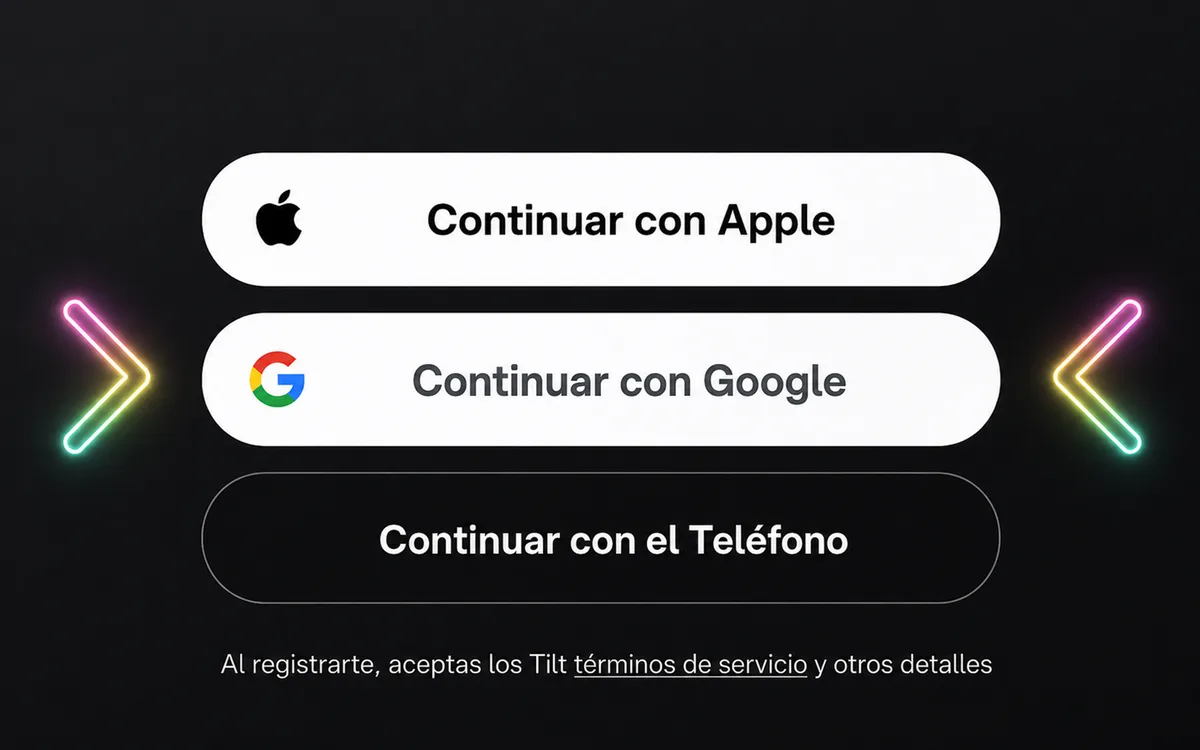 Pantalla de registro de Tilt con las opciones continuar con Apple, Google o teléfono