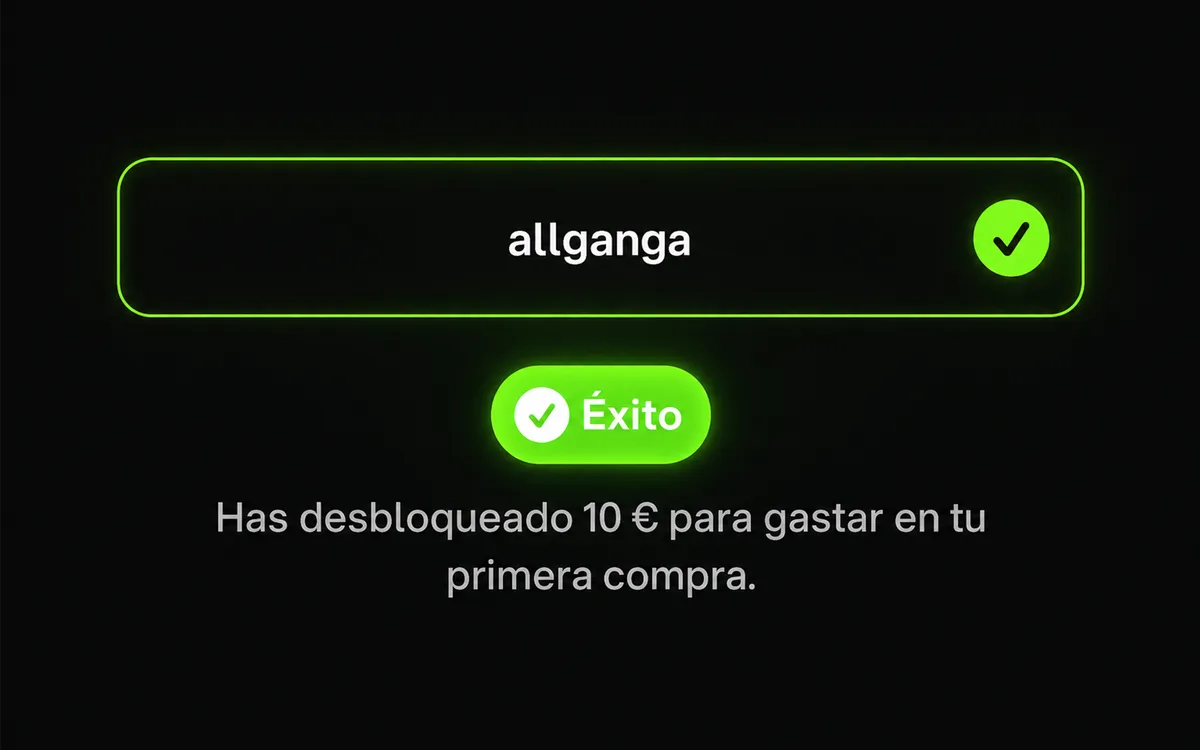 Campo con el código allganga validado y mensaje de éxito: has desbloqueado 10 € para tu primera compra